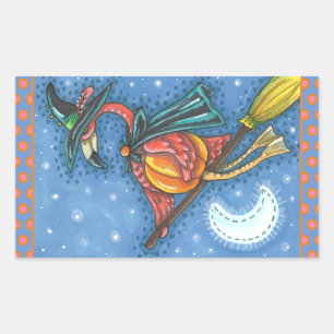 STICKER RECTANGULAIRE PINK FLAMANT ROSE WITCH, VOL AU-DESSUS DE LA LUNE