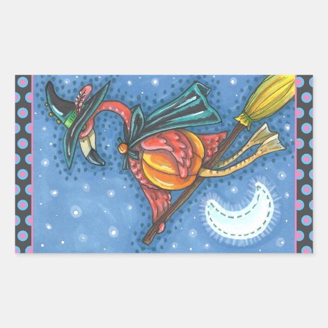 STICKER RECTANGULAIRE PINK FLAMANT ROSE WITCH, VOL AU-DESSUS DE LA LUNE  (Devant)