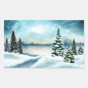 Sticker Rectangulaire Pittoresque Winter Wonderland aquarelle peinture