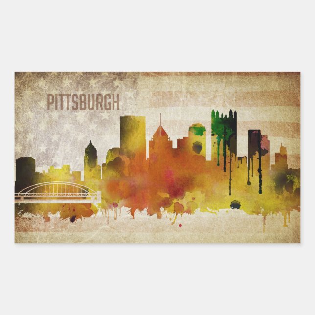 Sticker Rectangulaire Pittsburgh, PA | Aquarelle Ville Skyline (Devant)