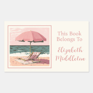 Sticker Rectangulaire Plage rose et crème Chaise et plaque parapluie