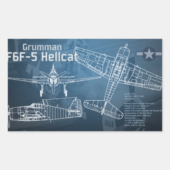 Sticker Rectangulaire Plan directeur Grumman F6F Hellcat (Devant)
