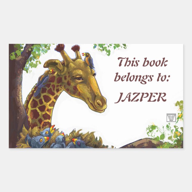 Sticker Rectangulaire Plaque-livre Giraffe et Oxpeckers (Devant)