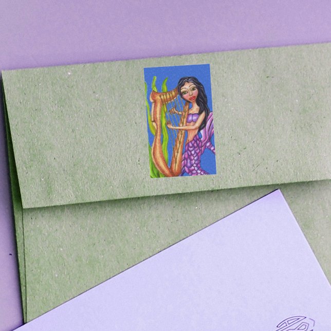 Sticker Rectangulaire Plutôt sombre Haired Purple Mermaid Harp Océan (Purple tail mermaid playing harp in seaweed on ocean blue stickers.)