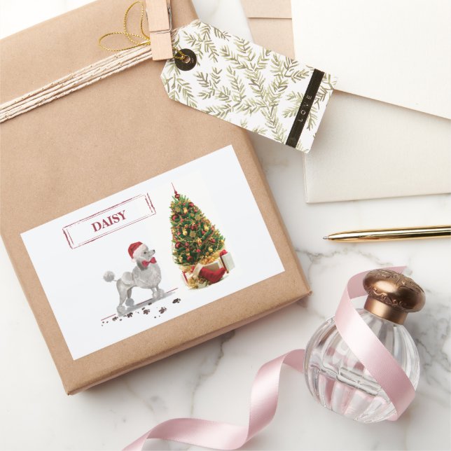 Sticker Rectangulaire Poodle gris drôle Chien de Noël avec arbre (Cadeaux)