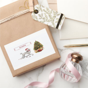 Sticker Rectangulaire Poodle gris drôle Chien de Noël avec arbre