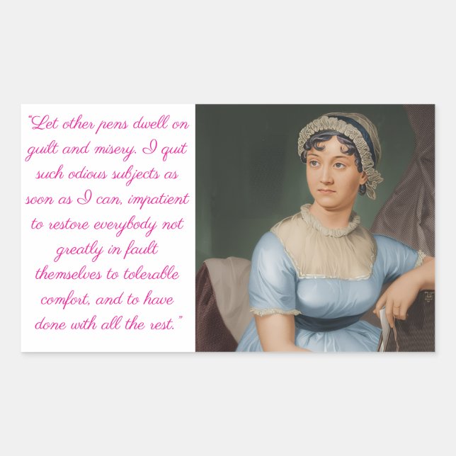Sticker Rectangulaire Portrait de Jane Austen plus citation (rose) (Devant)