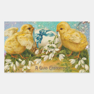 STICKER RECTANGULAIRE POULET, FLEURS, OEUF DE PÂQUES EN PARKLES BLEUS D'