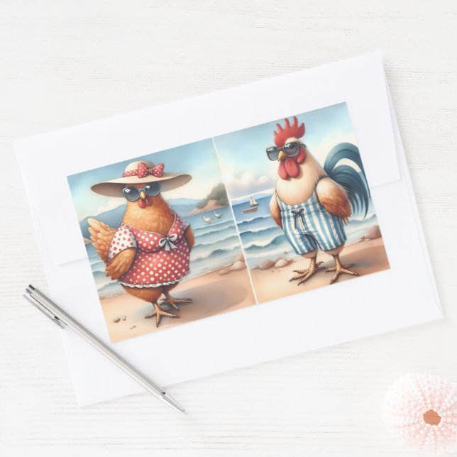 Sticker Rectangulaire Poulets en maillots de bain en bord de mer (Enveloppe)