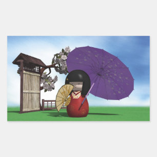 Sticker Rectangulaire Poupée Kokeshi Japonaise Art Cerisier en Fleur