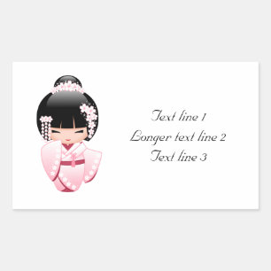 Sticker Rectangulaire Poupée Kokeshi Kimono Rose Texte Personnalisé