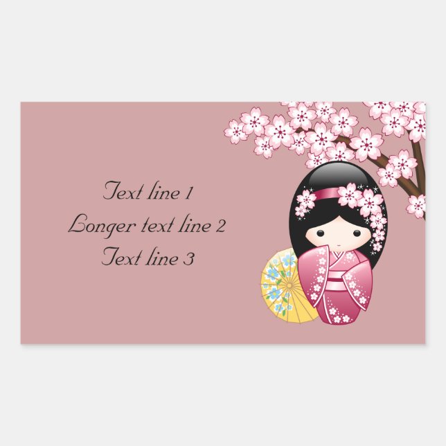 Sticker Rectangulaire Poupée Kokeshi Printemps - Cute Geisha Japonais en (Devant)