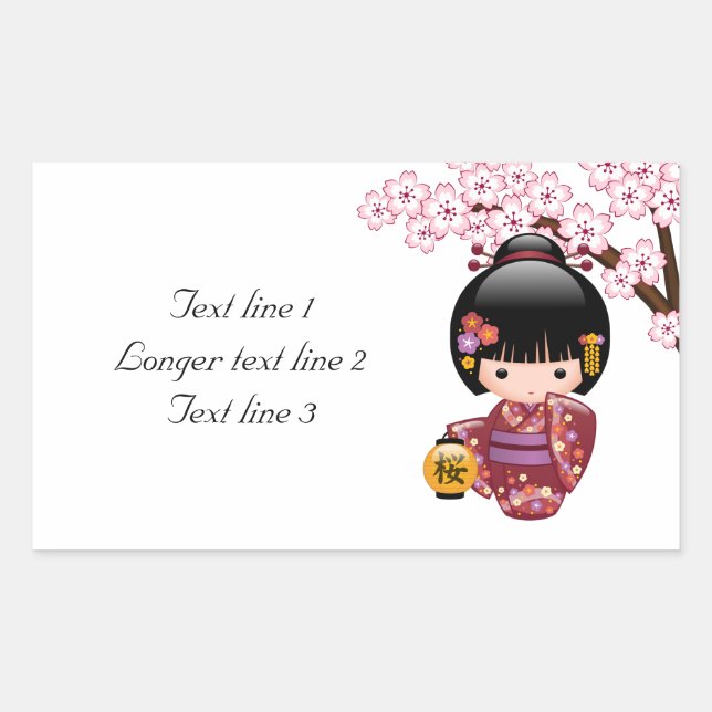 Sticker Rectangulaire Poupée Sakura Kokeshi - jolie fille japonaise Geis (Devant)