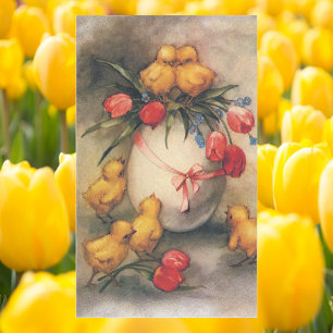 Sticker Rectangulaire Poussins de Pâques vintages aux fleurs de tulipes
