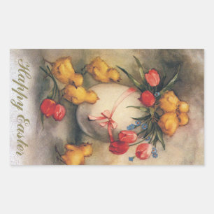 Sticker Rectangulaire Poussins de Pâques vintages aux fleurs de tulipes
