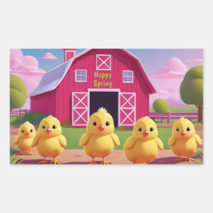 Sticker Rectangulaire Poussins joyeux de printemps dans la basse-cour