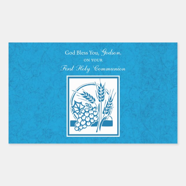 Sticker Rectangulaire Première communion de Parrain, Blé, Raisins Bleu (Devant)