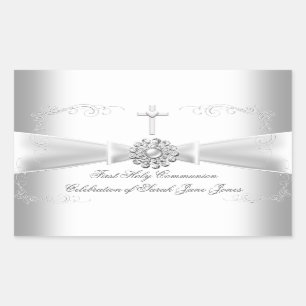 Sticker Rectangulaire Première communion fille Blanc Argent
