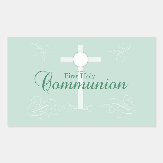 Sticker Rectangulaire Première Sainte Communion, écriture en vert doux (Devant)