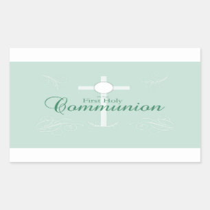Sticker Rectangulaire Première Sainte Communion, écriture en vert doux