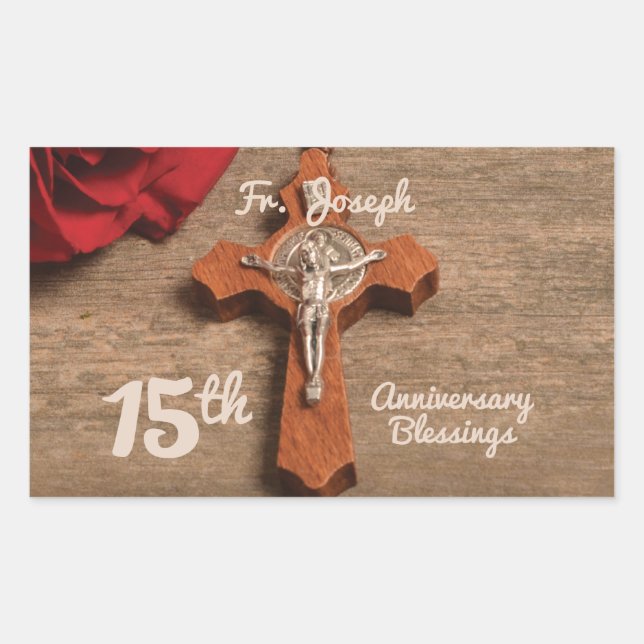 Sticker Rectangulaire Prêtre 15ème anniversaire de l'Ordination Rose et  (Devant)