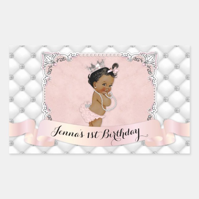Sticker Rectangulaire Princesse Afro-Américaine Blush Diamants Perles (Devant)