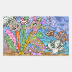 Sticker Rectangulaire Psychedelic Seahorse Sea Turtle Art