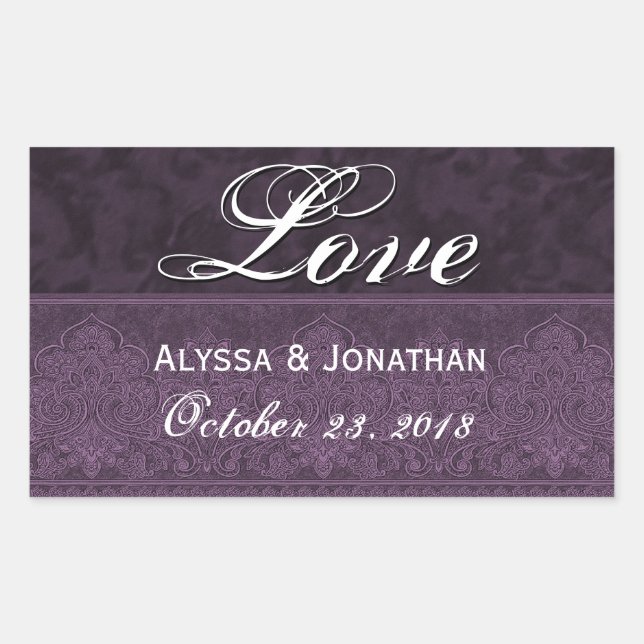 Sticker Rectangulaire Purple Mariage Love Damask et Ruban (Devant)
