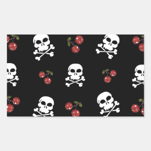 Sticker Rectangulaire RAB Rockabilly Skuls et Cerises sur Noir