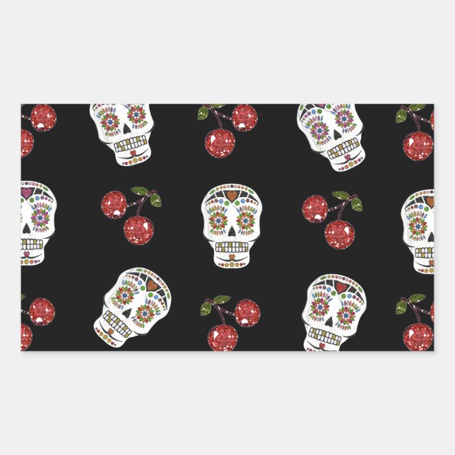 Sticker Rectangulaire RAB Rockabilly Sugar Skulls Cerises Sur Fond Noir (Devant)