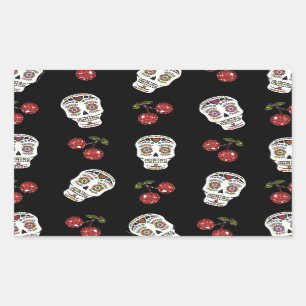 Sticker Rectangulaire RAB Rockabilly Sugar Skulls Cerises Sur Fond Noir