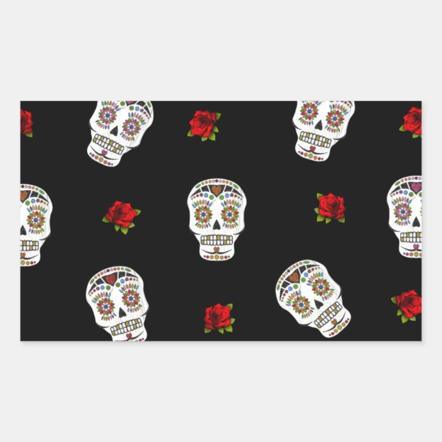 Sticker Rectangulaire RAB Rockabilly Sugar Skulls Roses sur fond noir (Devant)