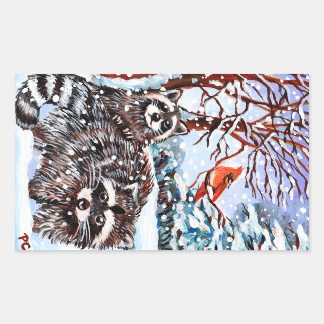 Sticker Rectangulaire Raccoons dans la neige (Devant)