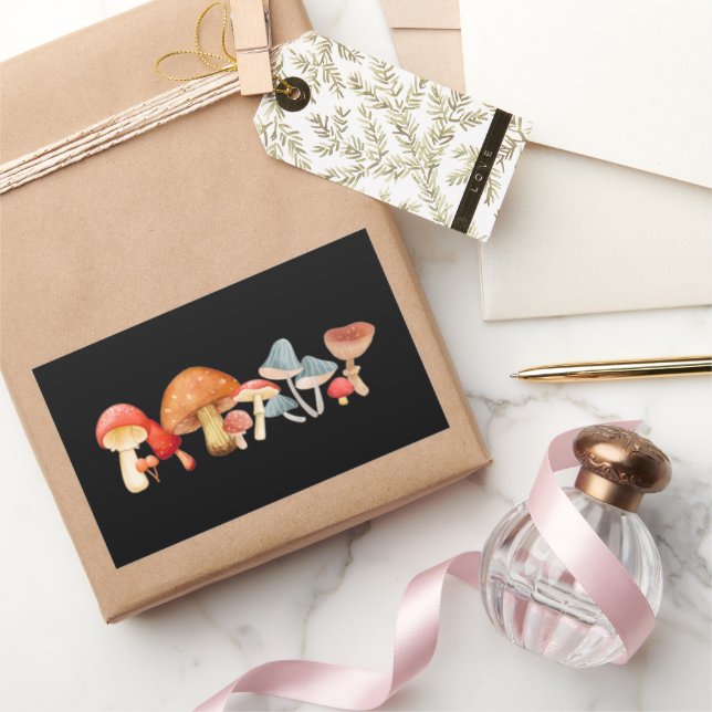 Sticker Rectangulaire Rangée de mignons champignons mycologie de l'airai (Cadeaux)