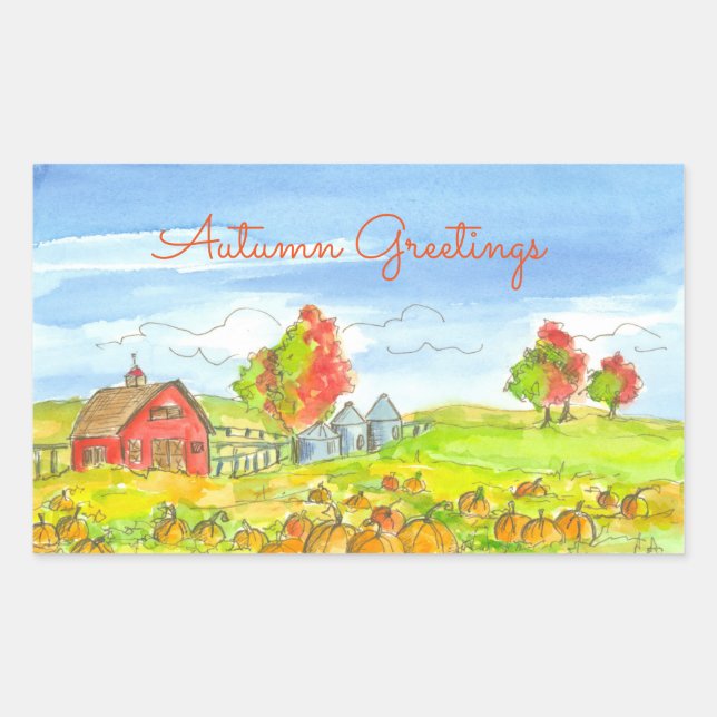 Sticker Rectangulaire Red Barn Citrouille Patch voeux automne (Devant)