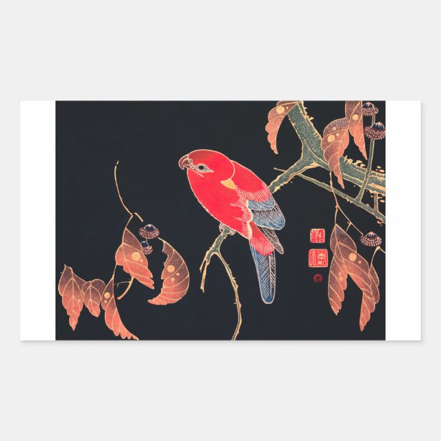 Sticker Rectangulaire Red Parrot Vintage Bird Japanese Woodblock (Devant)