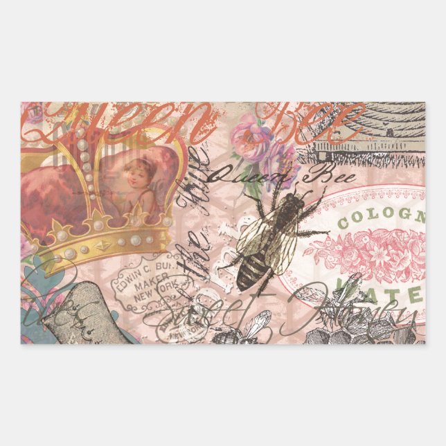 Sticker Rectangulaire Reine Abeille Vintage Beau Collage (Devant)