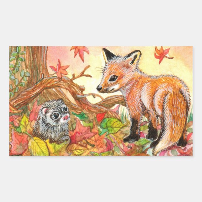 Sticker Rectangulaire Renard et furet en feuilles d'automne (Devant)