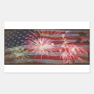 Sticker Rectangulaire Rétro drapeau et feux d'artifice