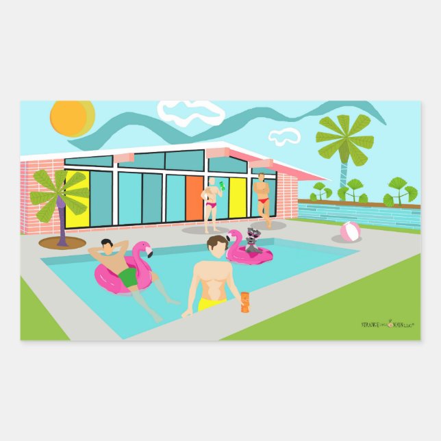 Sticker Rectangulaire Retro Gay Pink Flamant rose Pool Party (Devant)