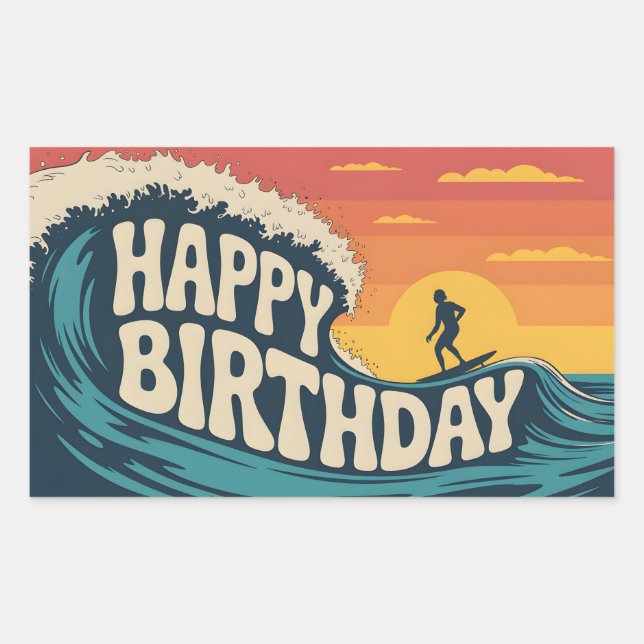 Sticker Rectangulaire Retro Surf Theme "Happy Birthday" Illustration (Devant)