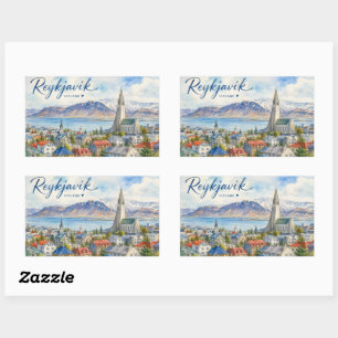 Sticker Rectangulaire Reykjavik Islande aquarelle souvenir
