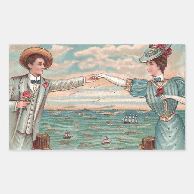 Sticker Rectangulaire Robe de mariage d'amour de plage victorienne Coupl (Devant)