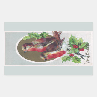 Sticker Rectangulaire Robins anglais et Noël Holly Vintage
