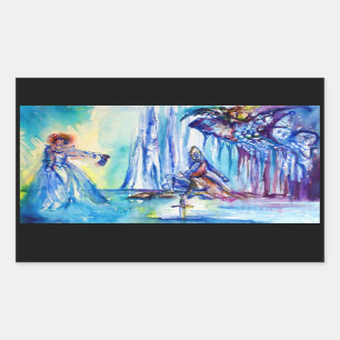 STICKER RECTANGULAIRE ROI ARTHUR, DAME DU LAC ET EXCALIBUR