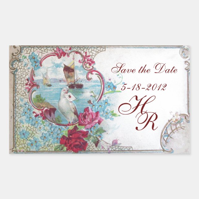 Sticker Rectangulaire ROMANTICA MONOGRAM, Enregistrer la date, Blanc (Devant)