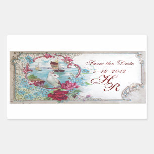 Sticker Rectangulaire ROMANTICA MONOGRAM, Enregistrer la date, Blanc