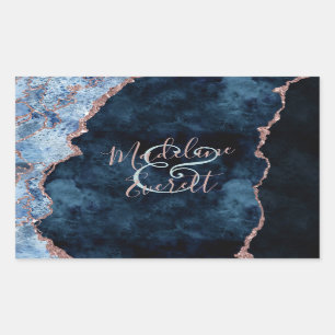 Sticker Rectangulaire Rose Gold et Bleu de Nuit Monogramme Mariage
