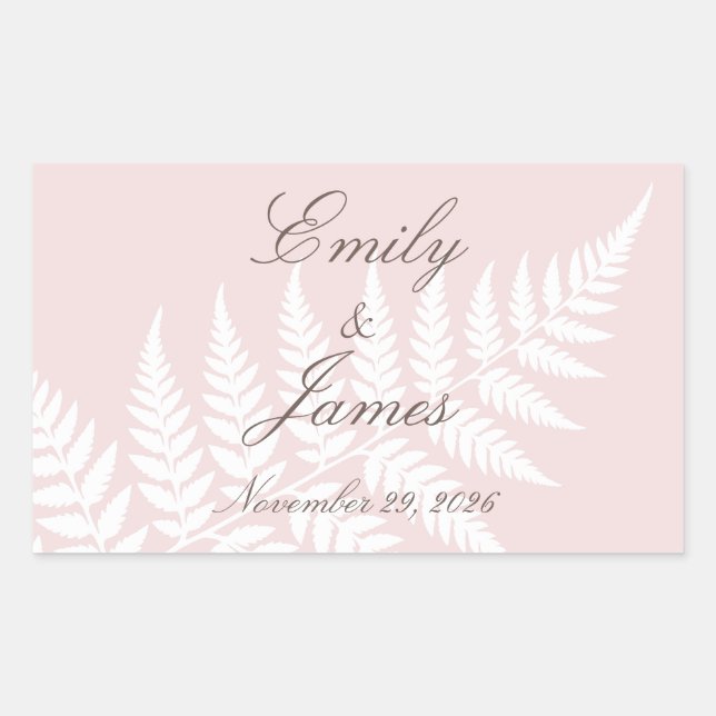 Sticker Rectangulaire Rose Pâle Blanc Fougère Élégant Mariage Personnali (Devant)