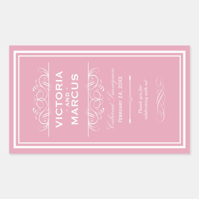 Sticker Rectangulaire Rose Rose Elégant Mariage Monogramme Bouteille de  (Devant)